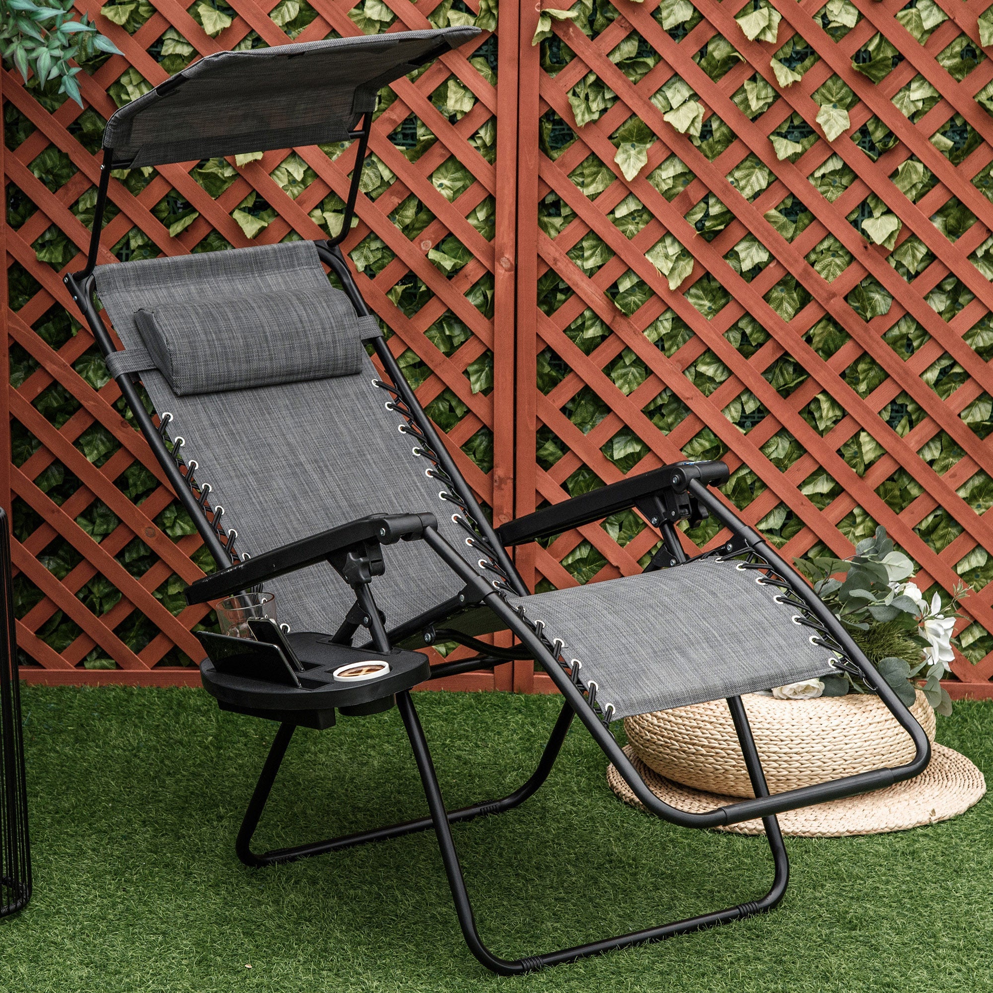 Outsunny Outdoor Zero Gravity Reclining Lounger Chair with Canopy Shade, Side Tray, Cupholder, Light Grey