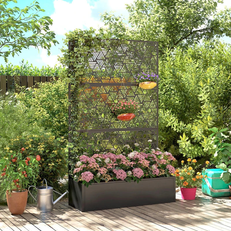 Metal Planter Box with Trellis, 70" Tall Raised Garden Bed with Privacy Screen, Hexagon and Line Cut-Out