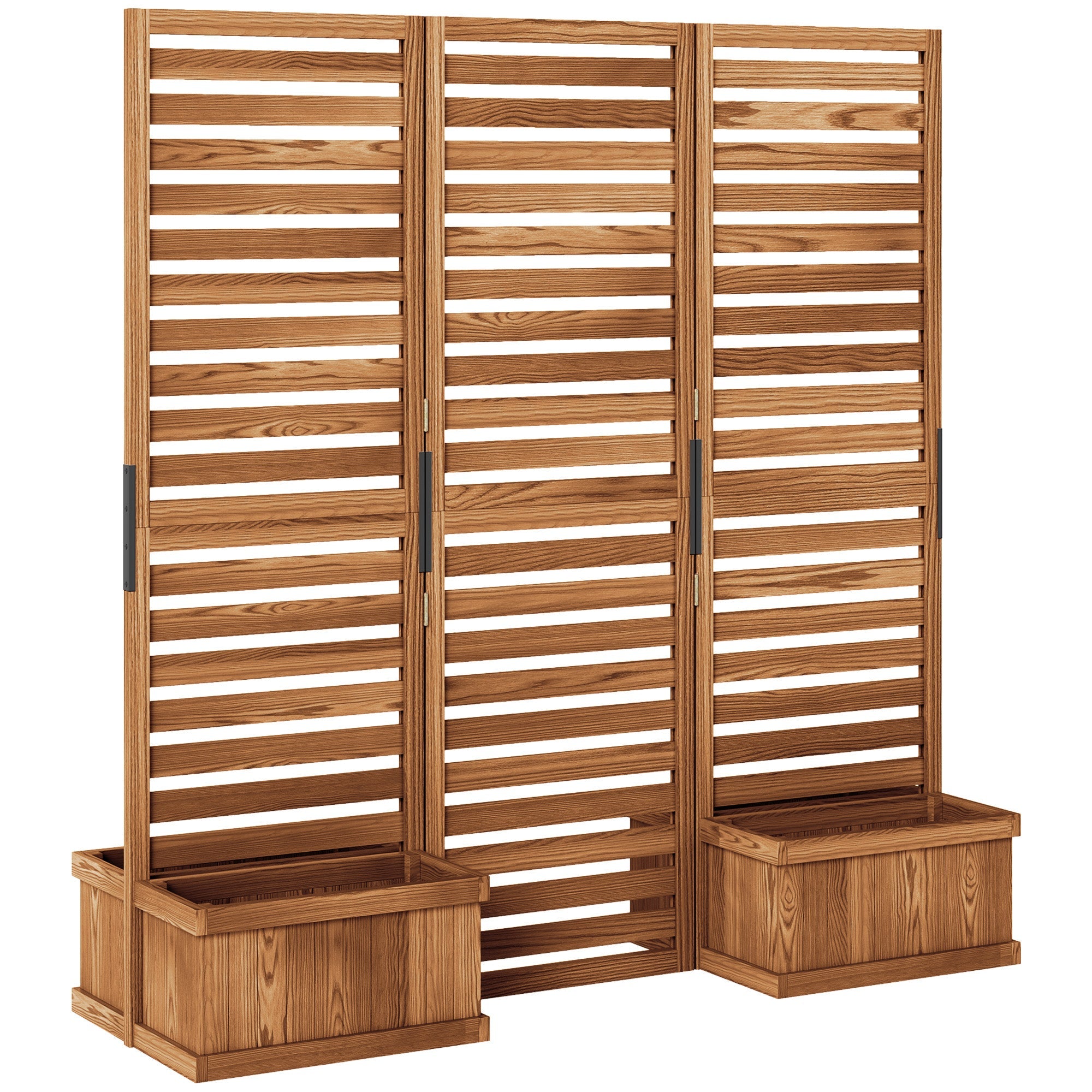 Outsunny Outdoor Wood Privacy Screen with Planter Boxes 3 Panel Raised Bed Drainage Holes Privacy Panel