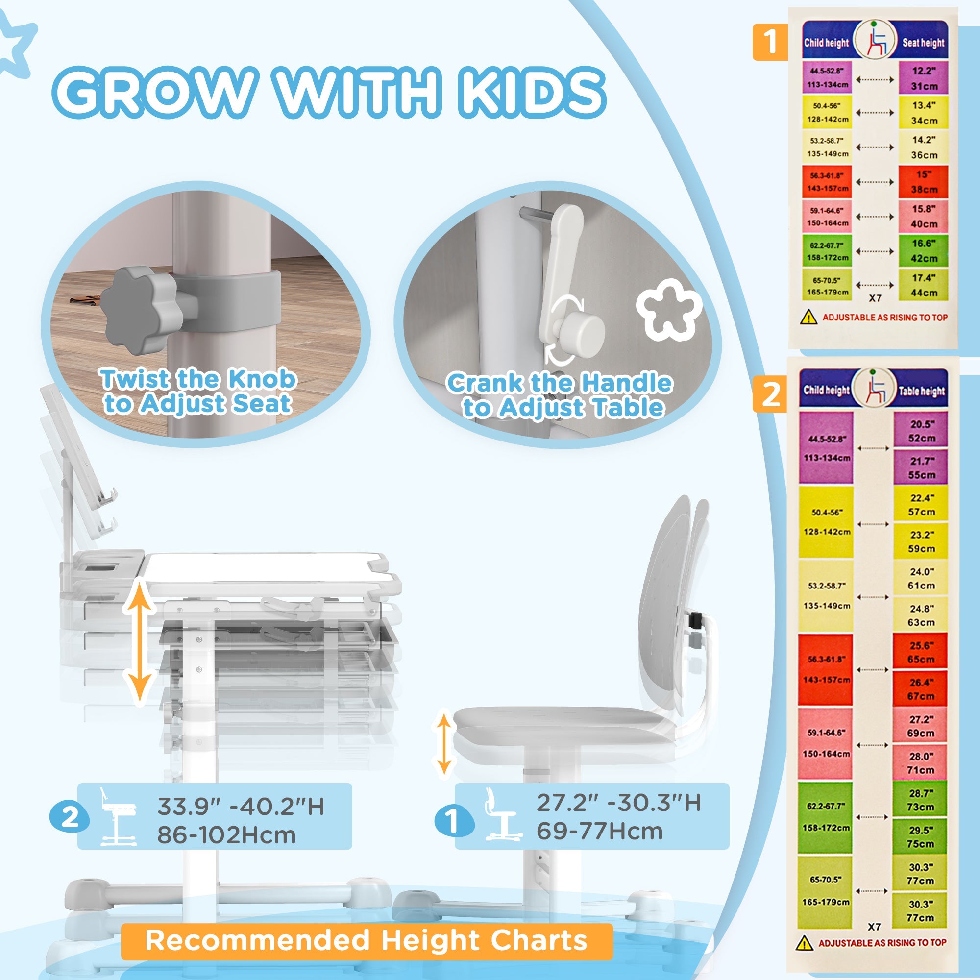 Qaba Height Adjustable Kids Desk and Chair Set with Tilt Desktop, Large Writing Board, Storage Drawer, Book Stand, Grey