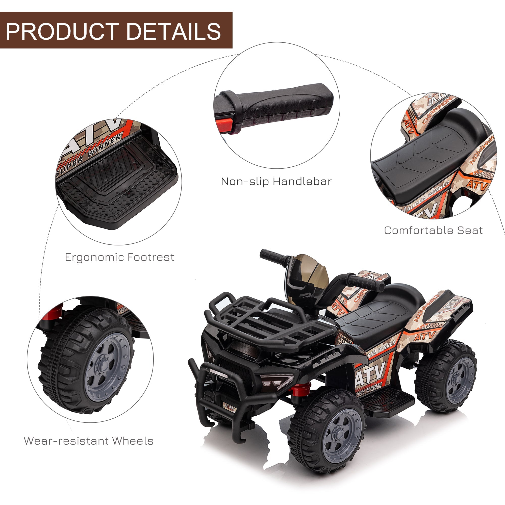 Aosom Ride-On ATV: 6V Battery Powered, Four Wheeler, Headlights, 18-36 Months, Black, Toddler Quad