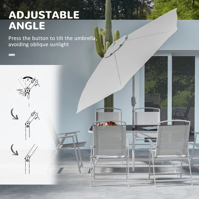 8 Piece Patio Set with Umbrella, 6 Folding Chairs, Rectangle Table, Outdoor Dining Set for 6 with Mesh Seat, Grey