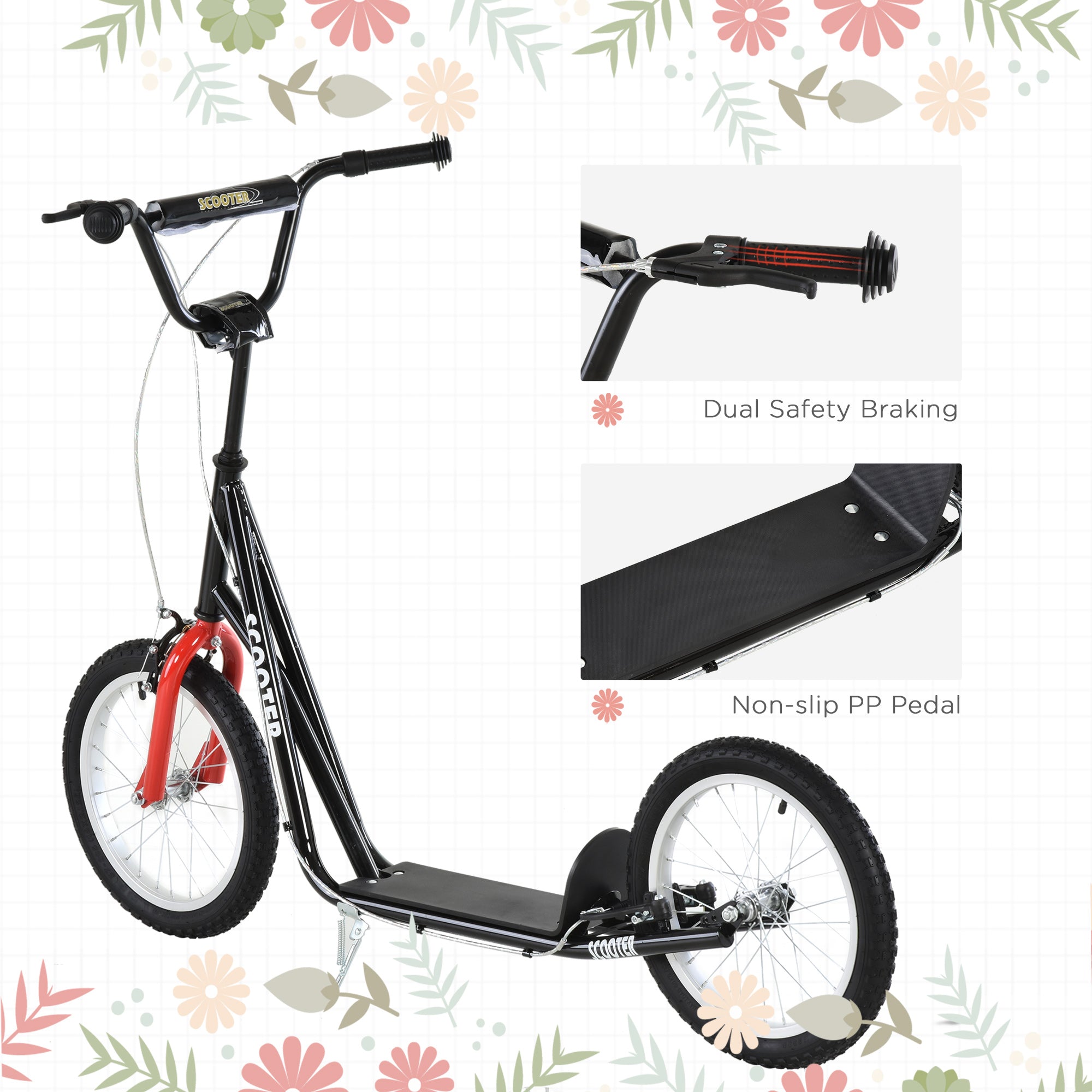 Aosom Canada Youth Street Kick Scooter for Teens Kids 5+ Years Old with 16'' Inflatable Wheel Dual Brakes Black