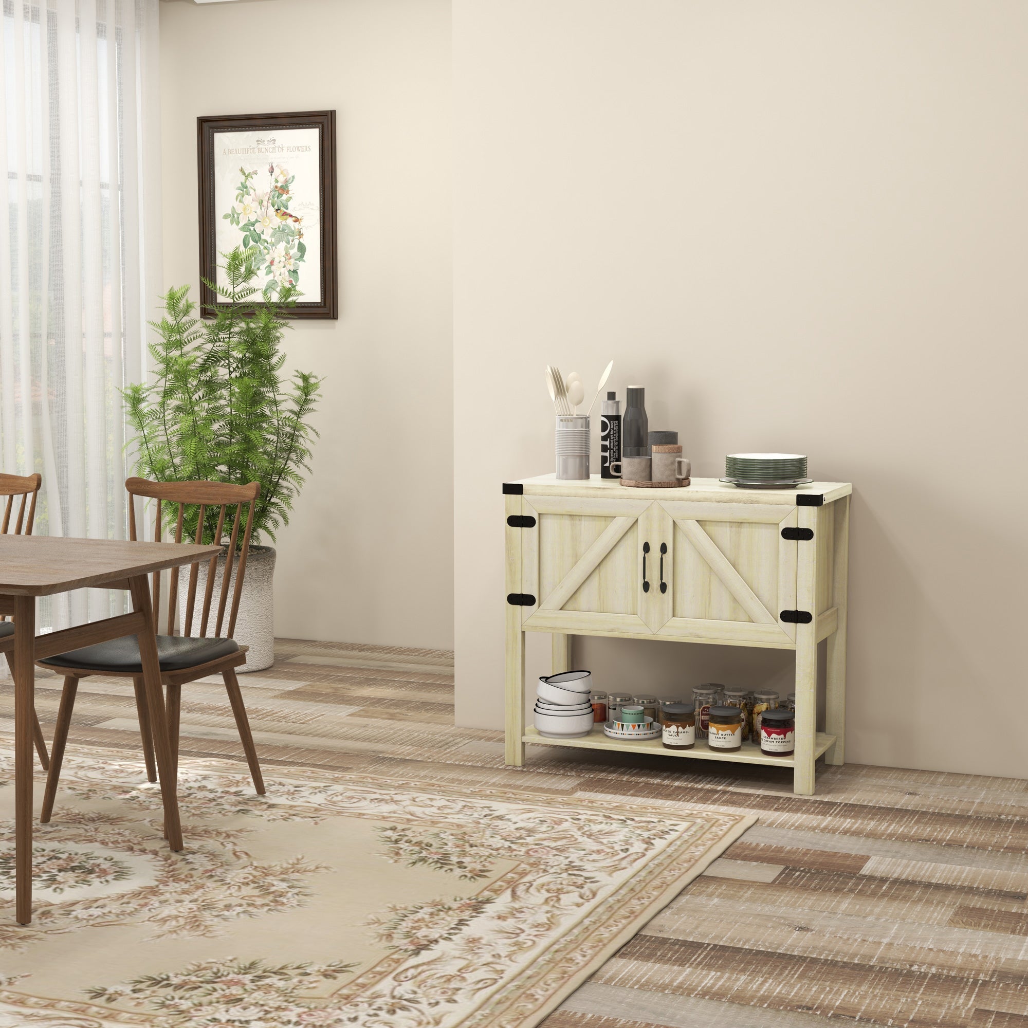 HOMCOM Farmhouse Flair: Oak Sideboard with Barn Doors, Bottom Shelf for Kitchen or Dining Countryside Vibes | Rustic Storage