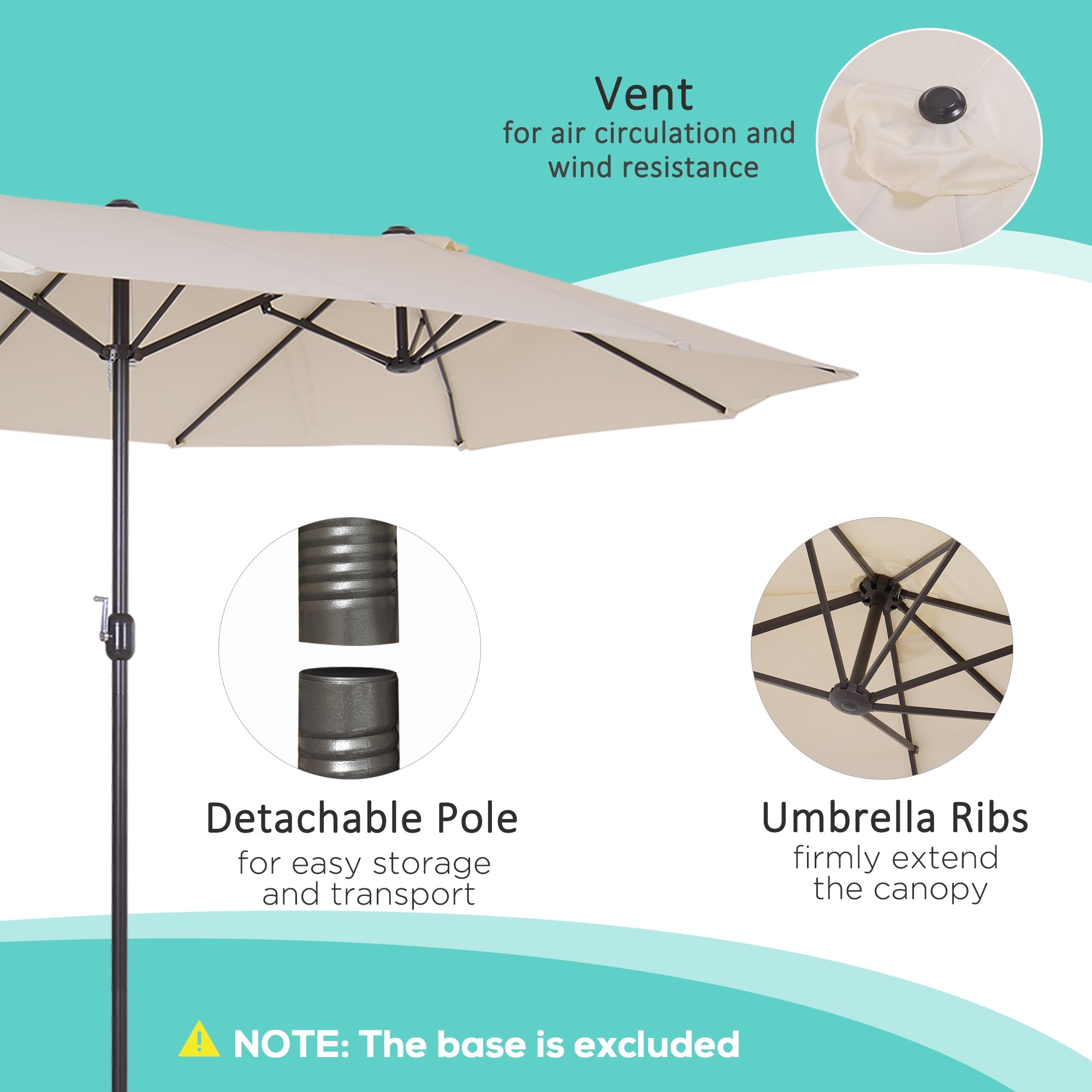 Outsunny 15ft Beige Twin Canopy Patio Umbrella Outdoor Sunshade with Steel Table Lift Crank for Spacious Shade