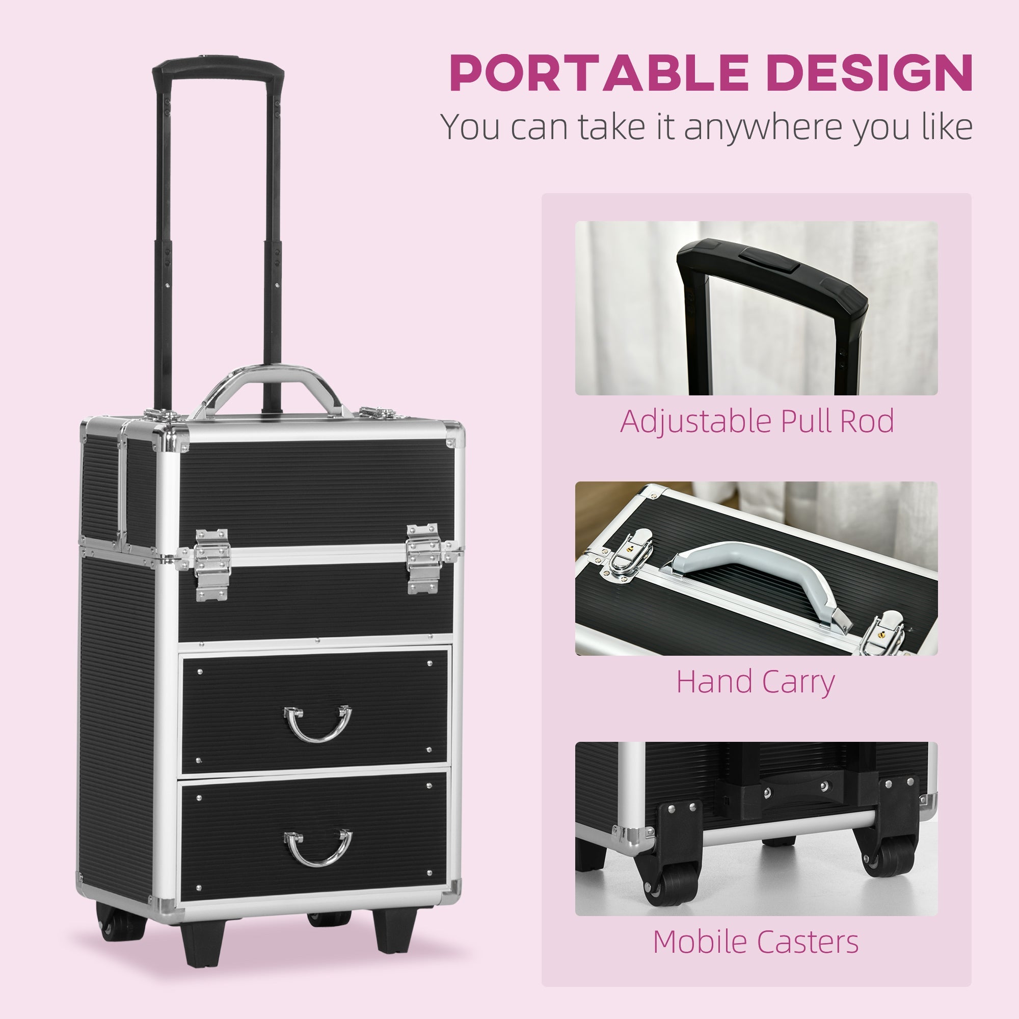 HOMCOM Large Cosmetic Trolley Rolling Makeup Train Case Storage Lockable Cart Black with Folding Trays Swivel Wheels