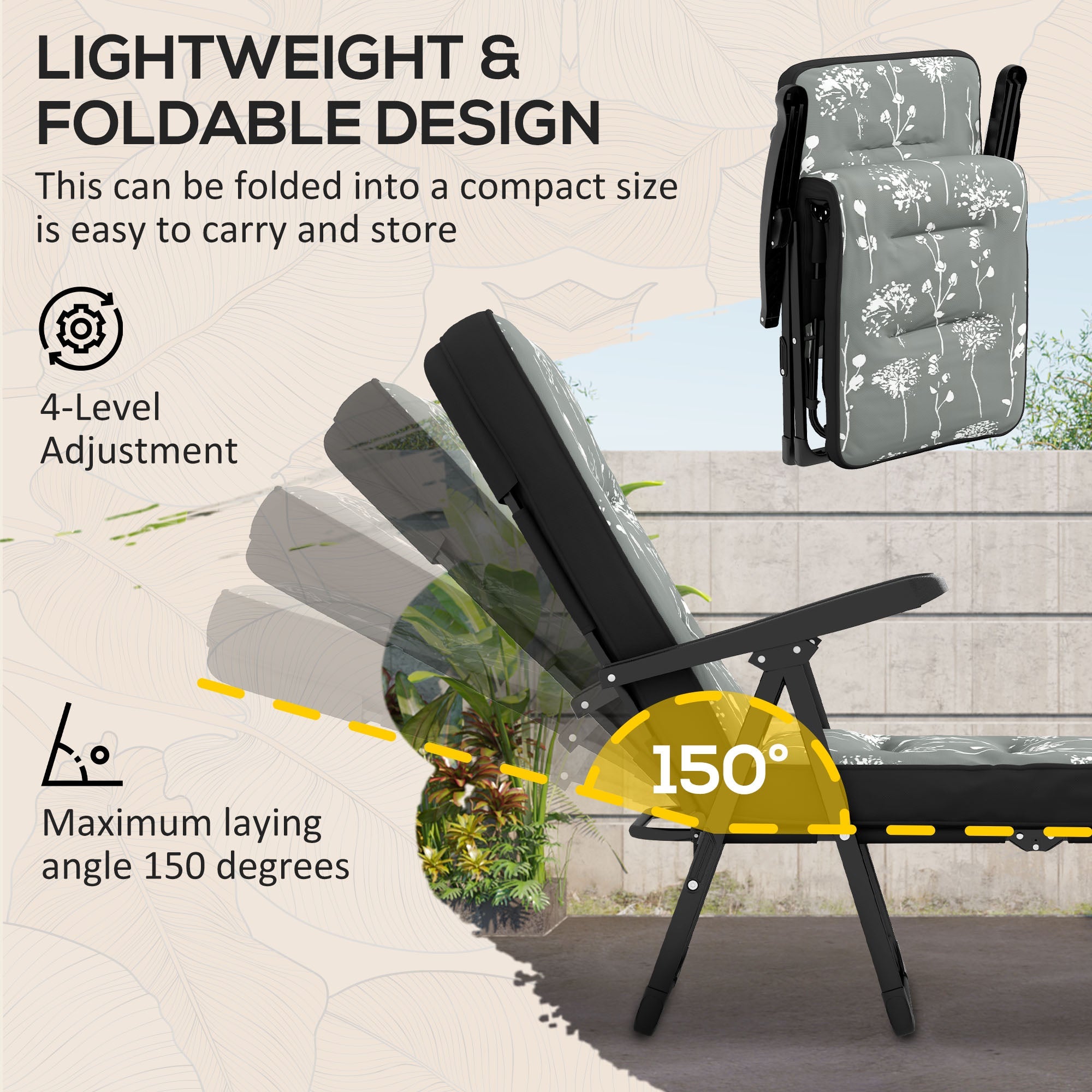 Outsunny Padded Outdoor Lounge Chair Folding Recliner with Adjustable Back Footrest Cushioned Grey