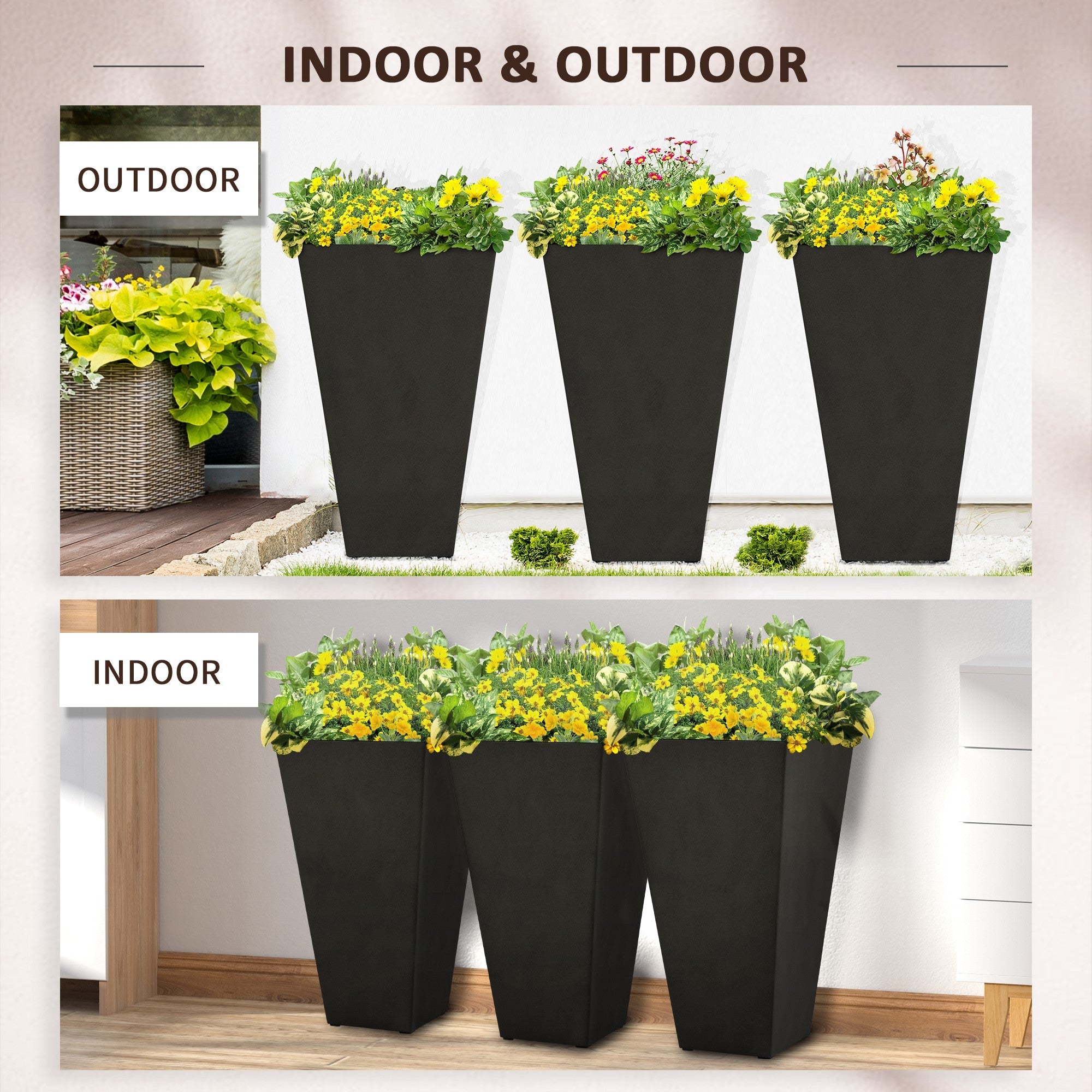 Outsunny Tall Garden Planters 28" Set of 3 Black Plastic Flower Pots for Outdoor & Indoor Stylish Entryway & Patio Decor