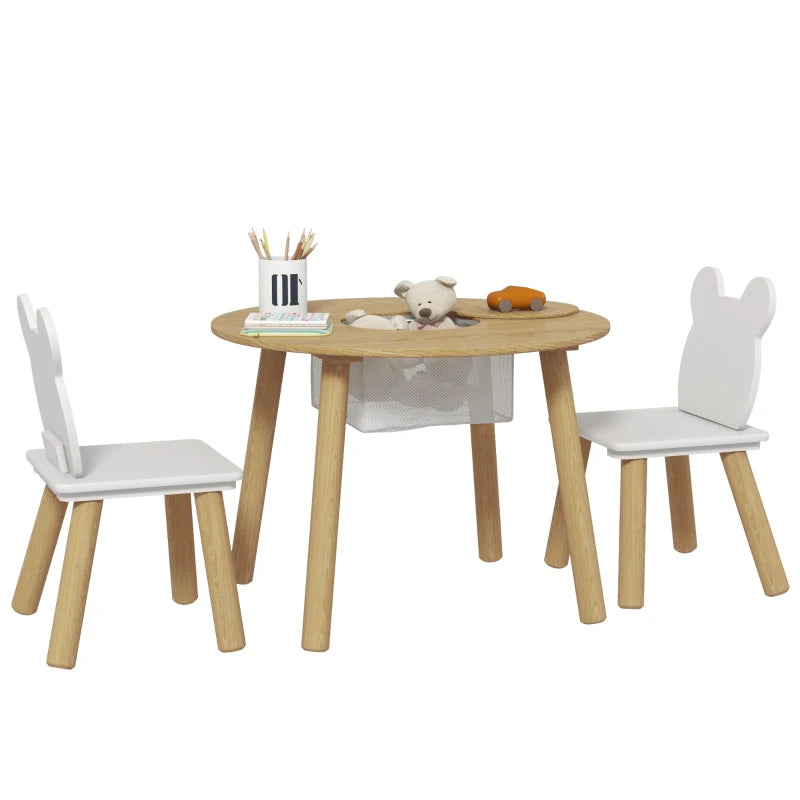 Qaba 3 Pieces Kids Table and Chair Set, Activity Table and Chair Set with Bear-Shaped Chairs, Mesh Bag