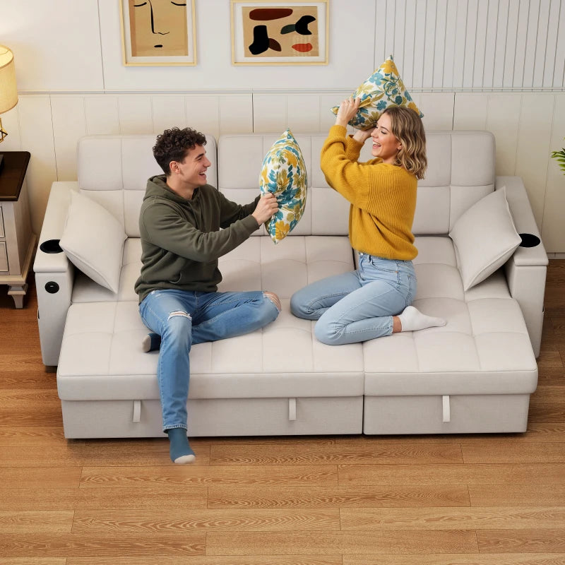 Convertible Sectional Sofa Bed, Pull Out Sleeper Sofa Couch with USB‑A+C, Chaise Storage, L-Shaped Futon Couch, Beige