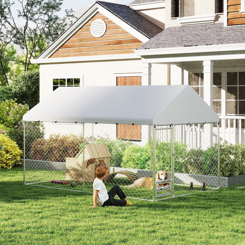 Outdoor Dog Run with Adjustable & Rotatable Bowls, Waterproof UV-Resistant Cover, Escape-Proof Lock, 13.1' x 7.5' x 7.5'
