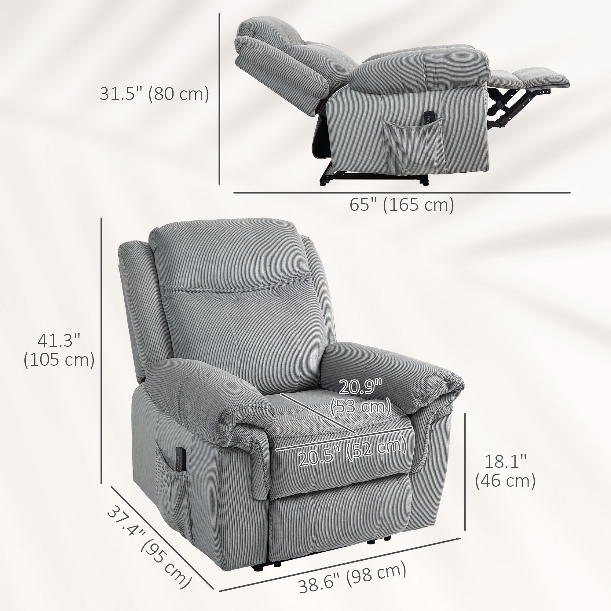 HOMCOM Manual Recliner Chair with Vibration Massage, Side Pockets, Corduroy Reclining Chair for Living Room, Grey