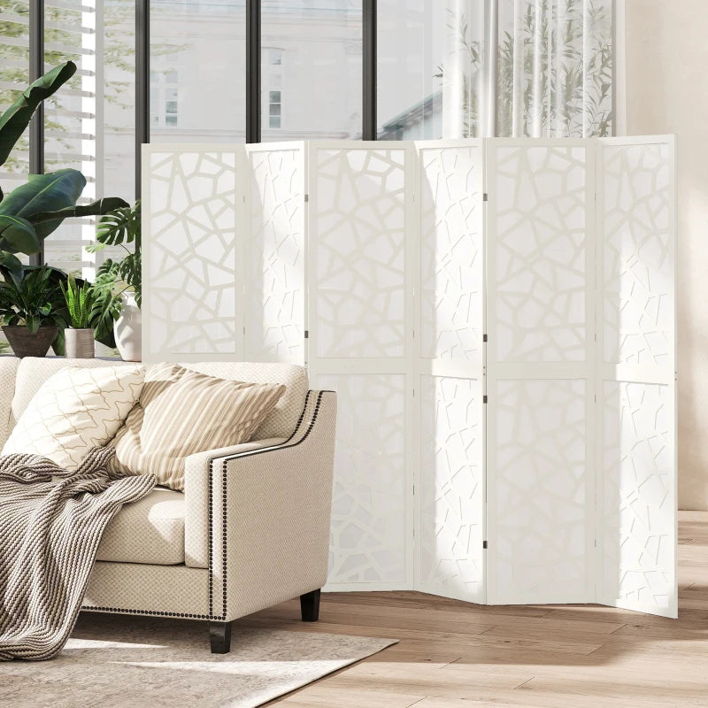 6 Panel Room Divider, 5.6 FT Lightweight Folding Privacy Screen with Geometric Pattern for Living Room, Bedroom, White