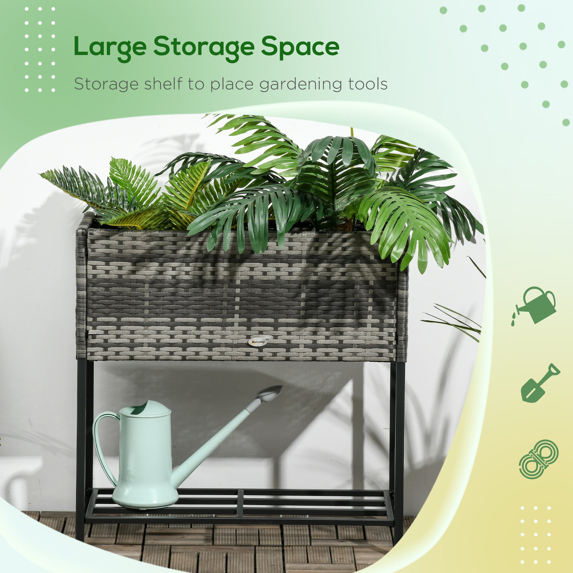 Outsunny Rattan Raised Garden Bed - Elevated Planter Boxes with Storage Shelf for Herbs, Vegetables, Grey