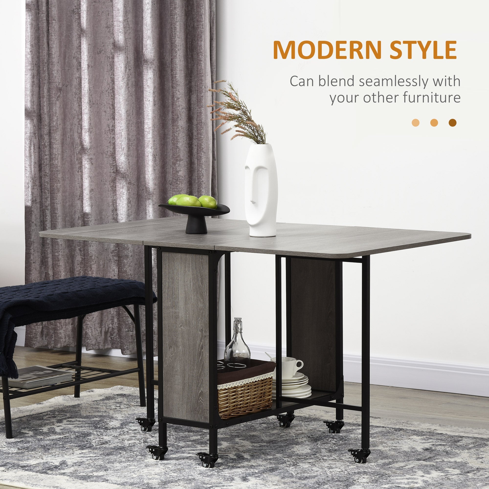 HOMCOM Folding Dining Versatility: Mobile Drop Leaf Extendable Kitchen Table for Small Spaces, Storage Shelf, 6 Wheels, Grey Finish