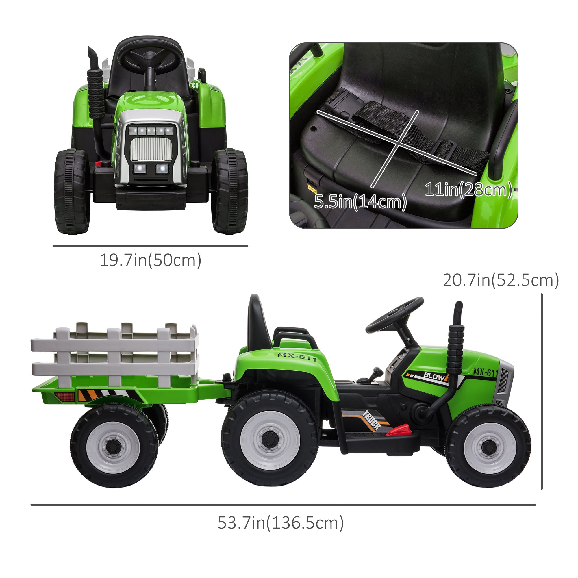 Aosom 12V Electric Tractor for Kids - Ride-On with Trailer, Battery Powered, Remote Control, Music, Start-Up Sound & Horn, Green