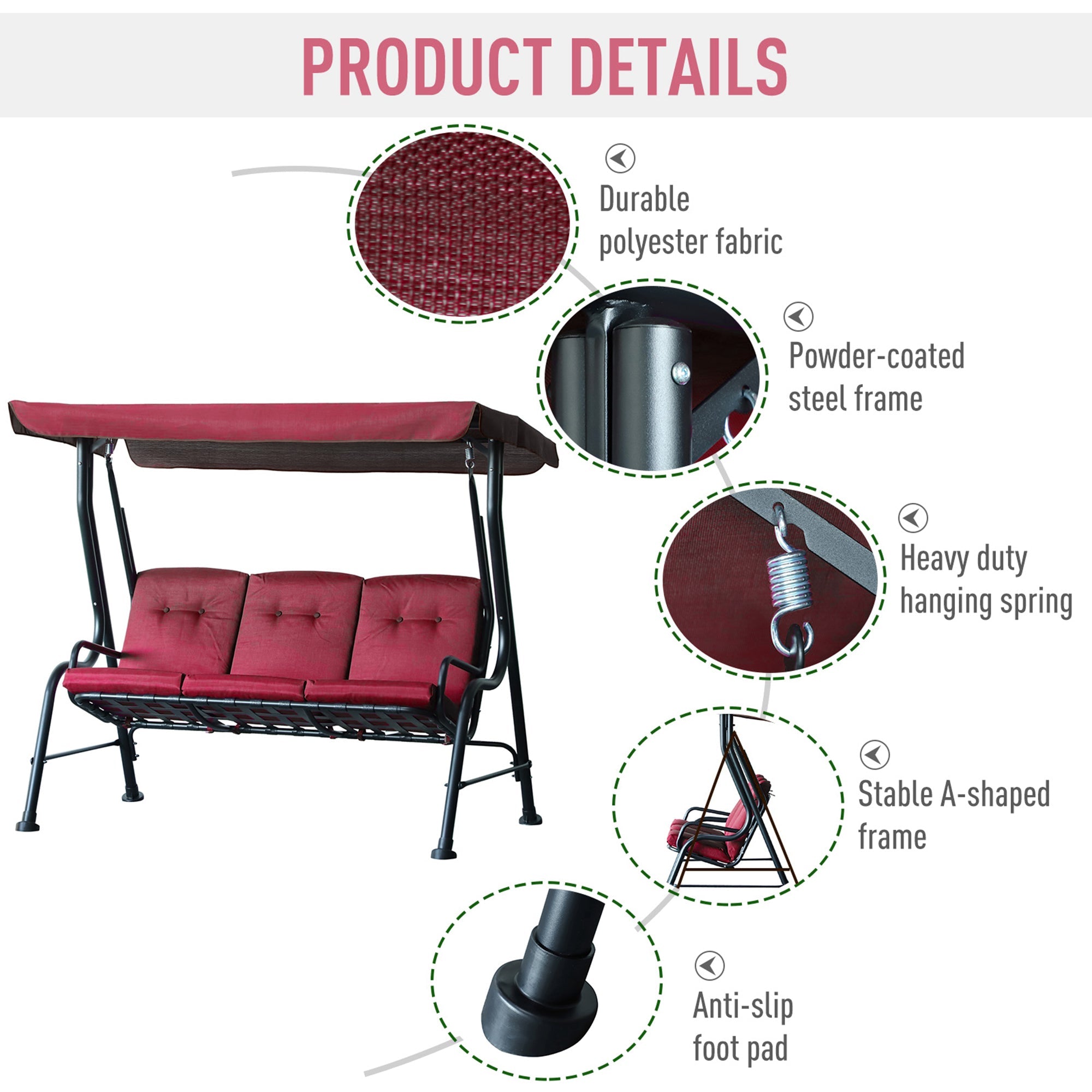 Outsunny Porch Swing Chair 3-Person Outdoor Metal Garden Swing with Canopy Stand Durable Wine Red