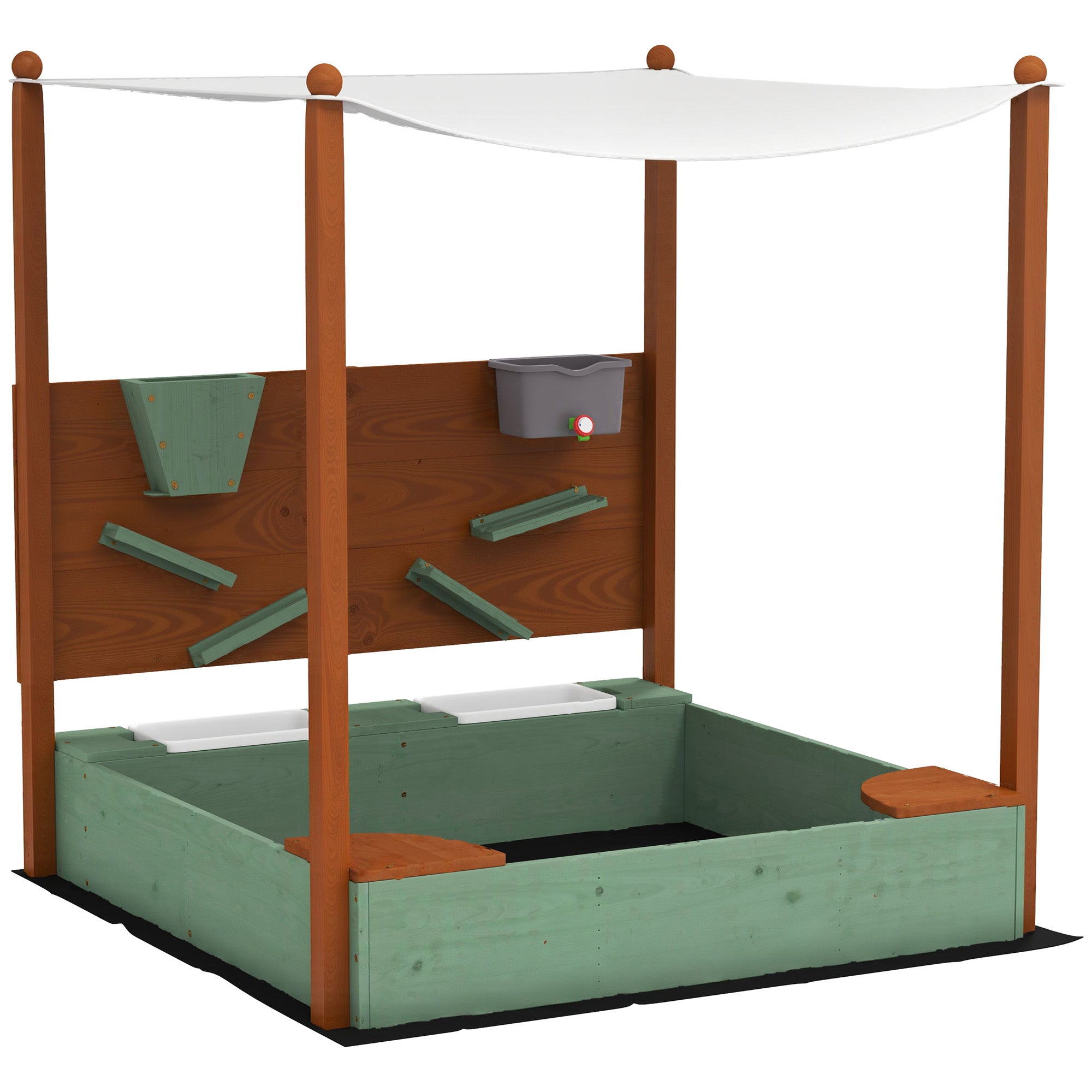 Qaba Wooden Kids Sandbox with Canopy, Sand Wall, Bottom Liner, for 3-6 Years, 46" x 44" W x 50", Green