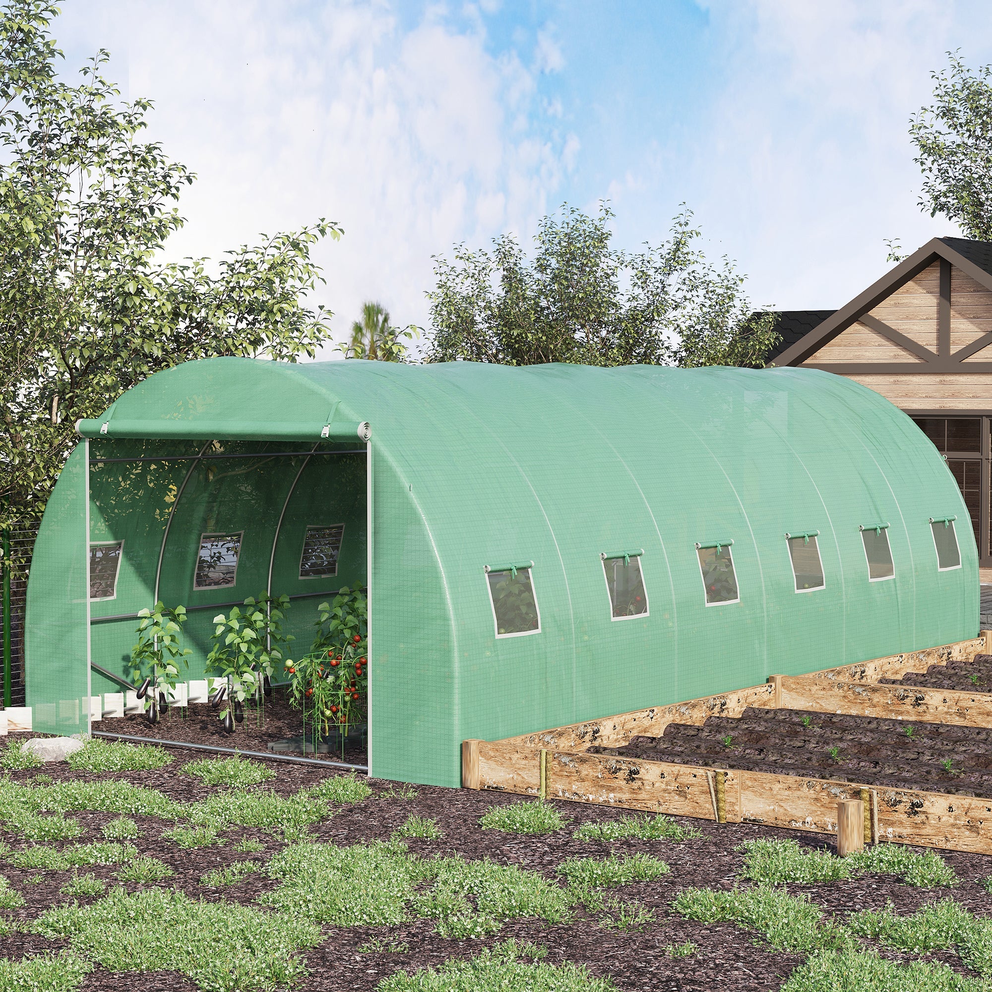 Outsunny 19.7'x9.8'x6.6' Large Walk-In Greenhouse Garden Plant Seed Growing Tunnel Shed Green