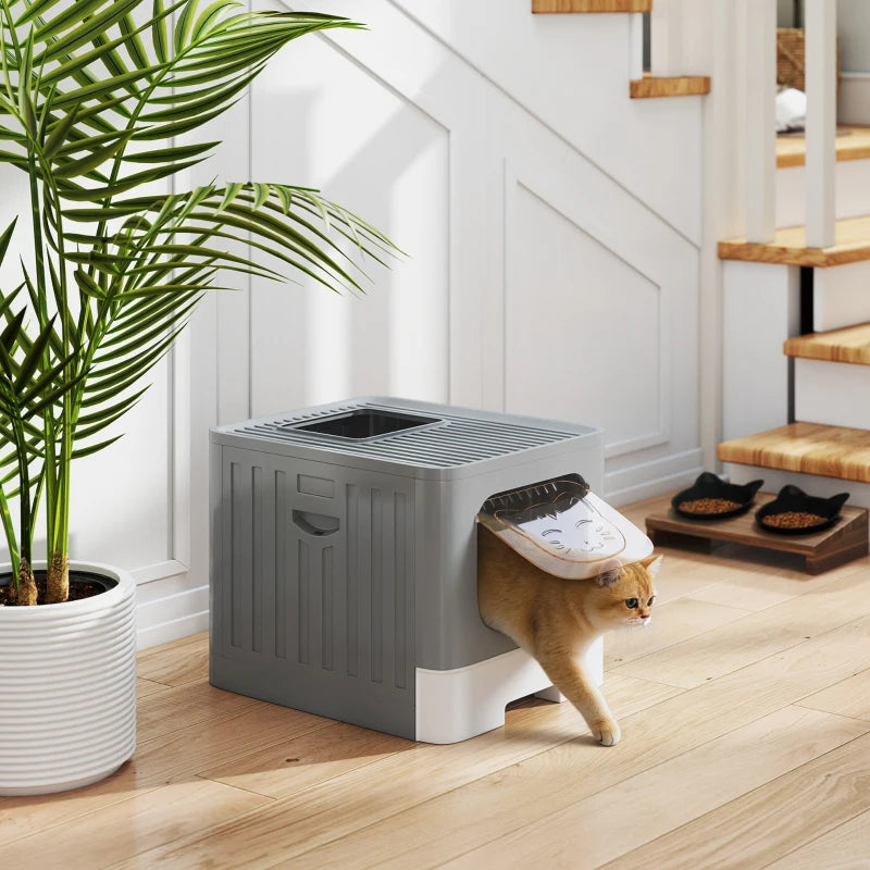 Foldable Cat Litter Box with Lid, Slide-Out Drawer, Scoop, Easy Clean, Odour Control, Anti-Splashing, Grey