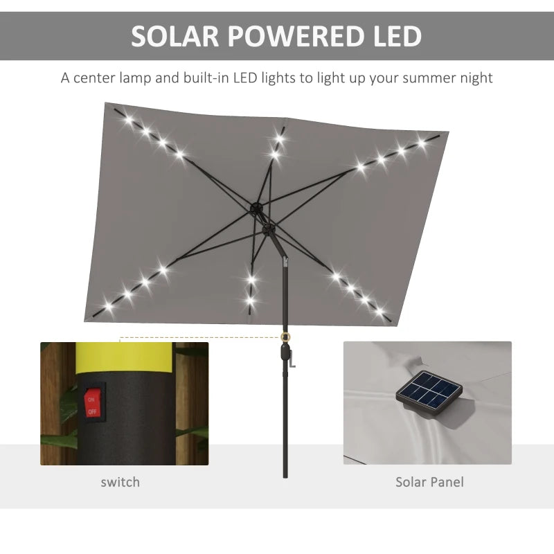 6.5x10ft Patio Umbrella Tilt Aluminum Outdoor Market Parasol with Solar Powered LEDs, Crank - Light Grey