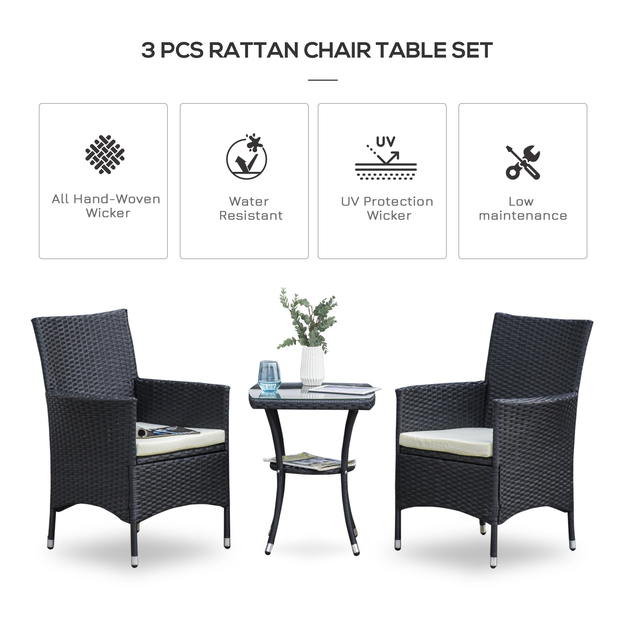 Outsunny 3PC Patio Bistro Set Outdoor Rattan Furniture Two Armchairs Glass Top Coffee Table Porch Black