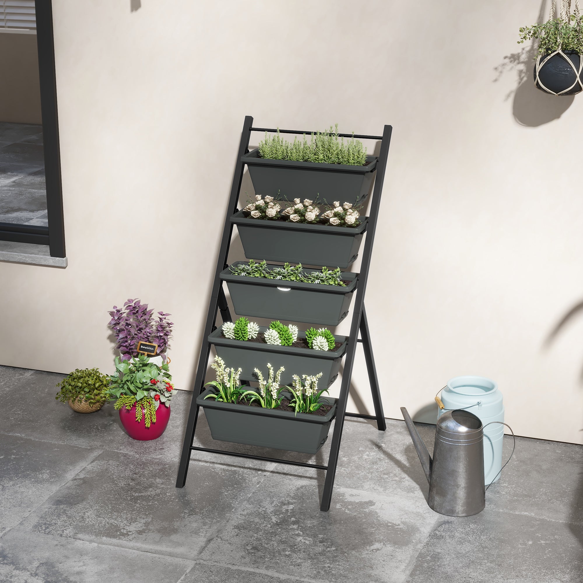 Outsunny 5-Tier Vertical Garden Planter Outdoor Plant Stand with 5 Container Boxes for Vegetables Flowers Grey