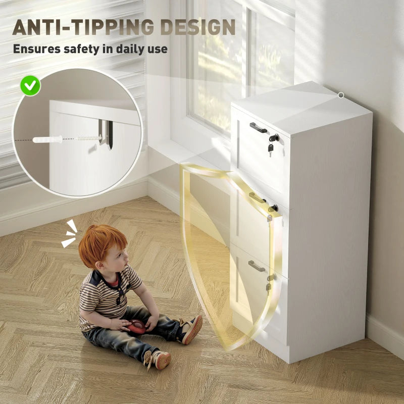 Vertical Filing Cabinet with 3 Drawers, Lock, File Cabinet for Home Office, A4 and Letter Size Files, White