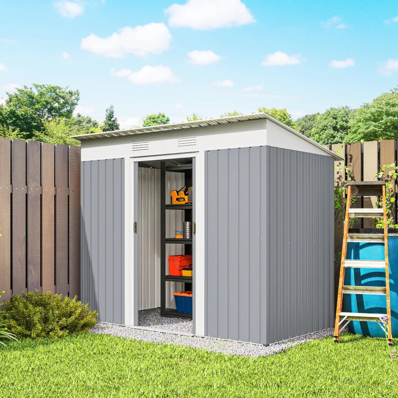 7' x 4' Outdoor Storage Shed, Metal Garden Shed with Lockable Sliding Doors and Vents, Grey