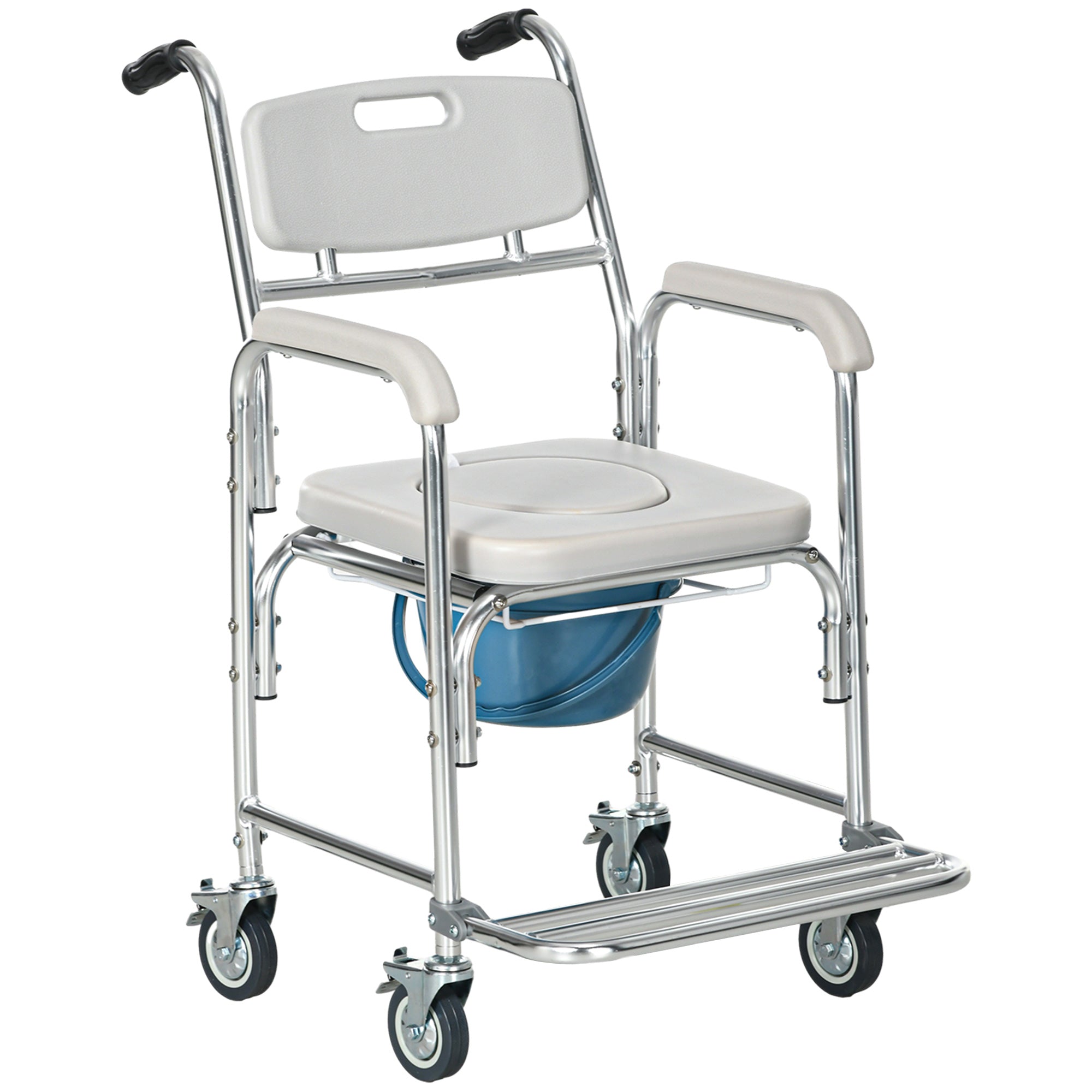HOMCOM 3-in-1 Shower Commode Wheelchair, Transport Beside Commode Chair with Padded Seat for the Elder, Disabled