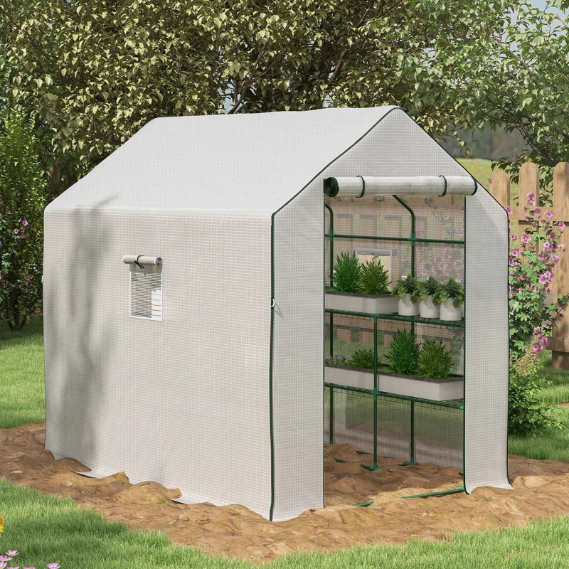 Portable Greenhouse, Walk-In Small Outdoor Green House with 2 Tier U-Shaped Flower Rack Shelves, 4.6' x 4.7', White