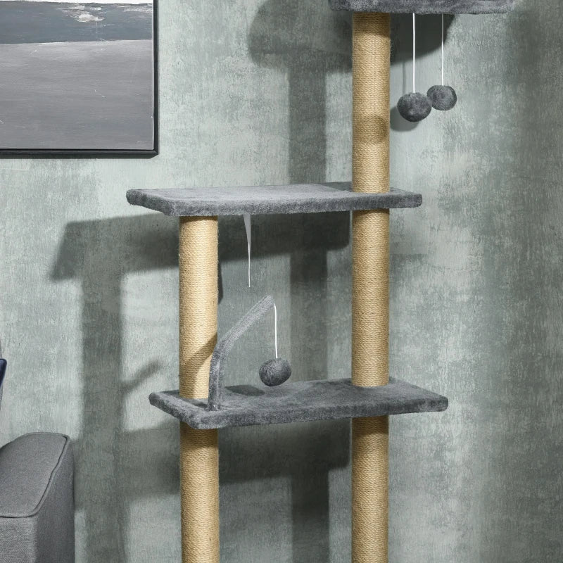 Floor to Ceiling Cat Tree, 90.5" - 98.5" Cat Tower with Scratching Post, Dangling Balls, Platforms, Bed, Hammock, Grey