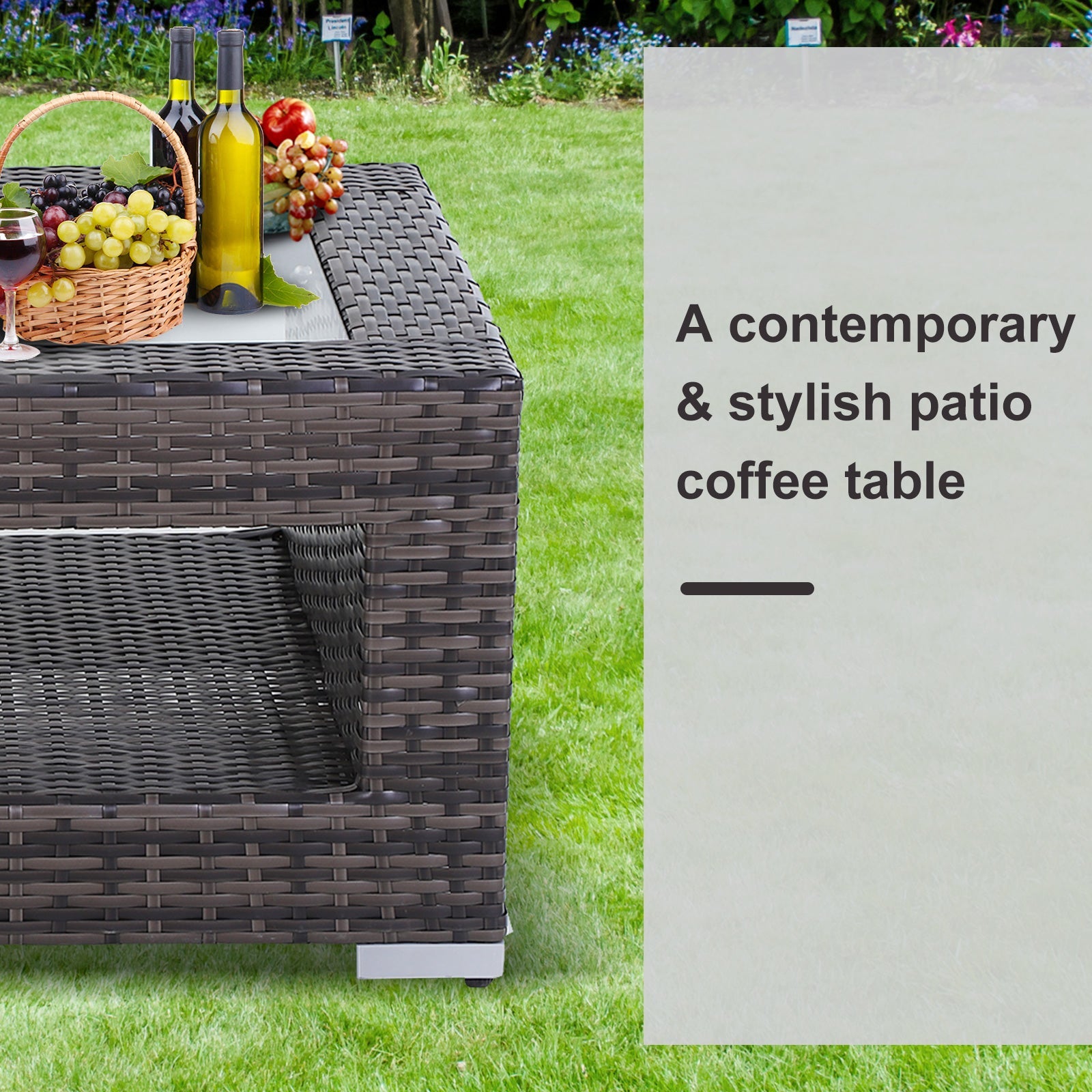 Outsunny Rattan Patio Coffee Table 2-Tier Outdoor Side Table with Tempered Glass Top Storage Wicker Garden Tea Desk