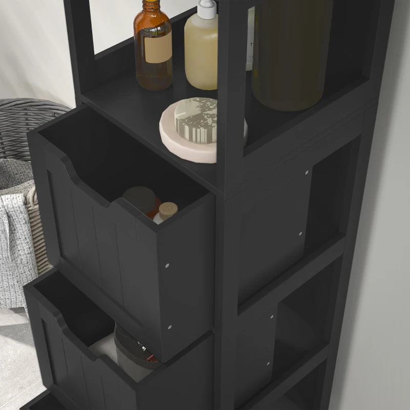 Narrow Bathroom Cabinet with 3 Drawers and 2 Tier Shelf, Tall Cupboard Freestanding Linen Tower, Black