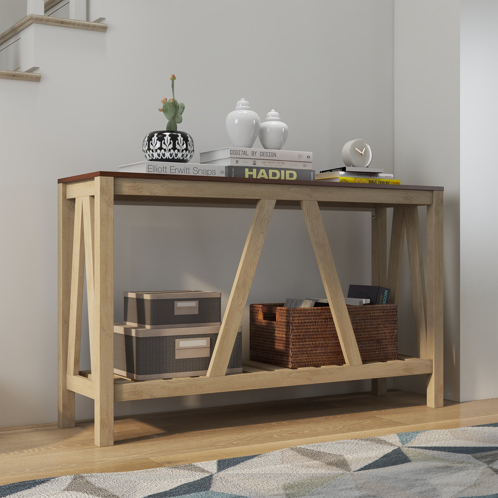 HOMCOM Farmhouse Console Table: Rustic Sofa Table with Storage Shelf & Anti-Tipping Design, Living Room/Bedroom/Entryway, Oak