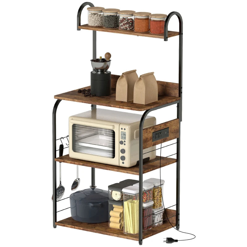Baker's Rack with Charing Station, Microwave Shelf with Power Outlet, USB Charger and 4 Hooks, Rustic Brown