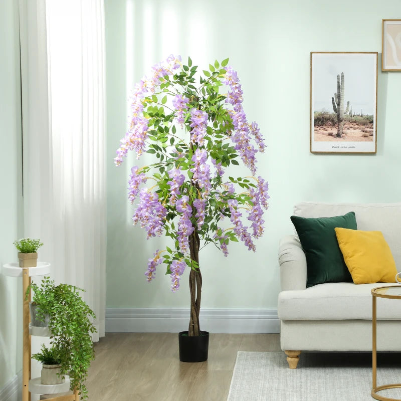 5.9FT Fake Wisteria Tree with Natural Wood Trunk, Artificial Plant in Nursery Pot, Greenery Tall Faux Floor Plant Purple