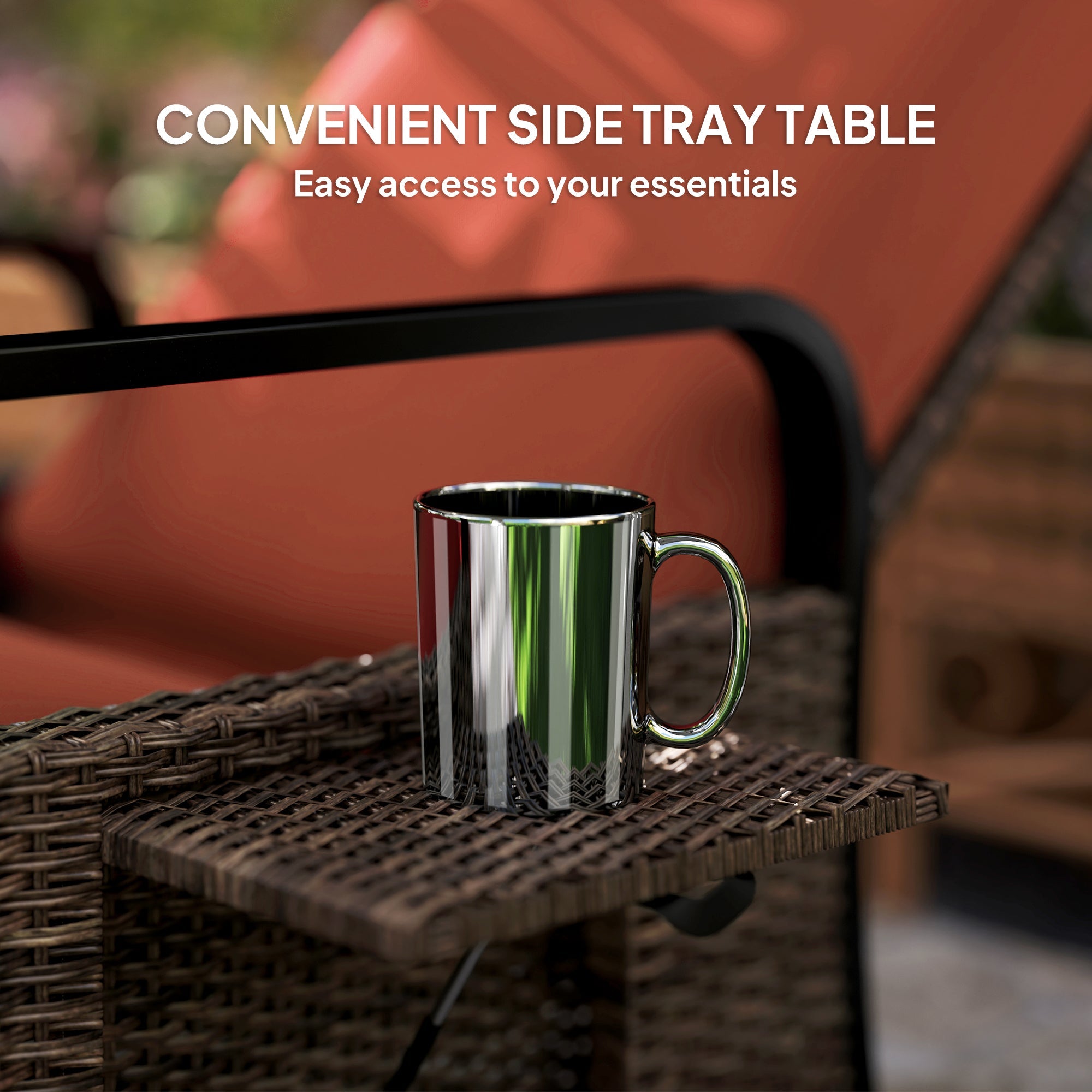 Outsunny Wicker Outdoor Recliner Chair, Reclining Lounge Chair with Adjustable Backrest, Footrest and Side Tray, Red