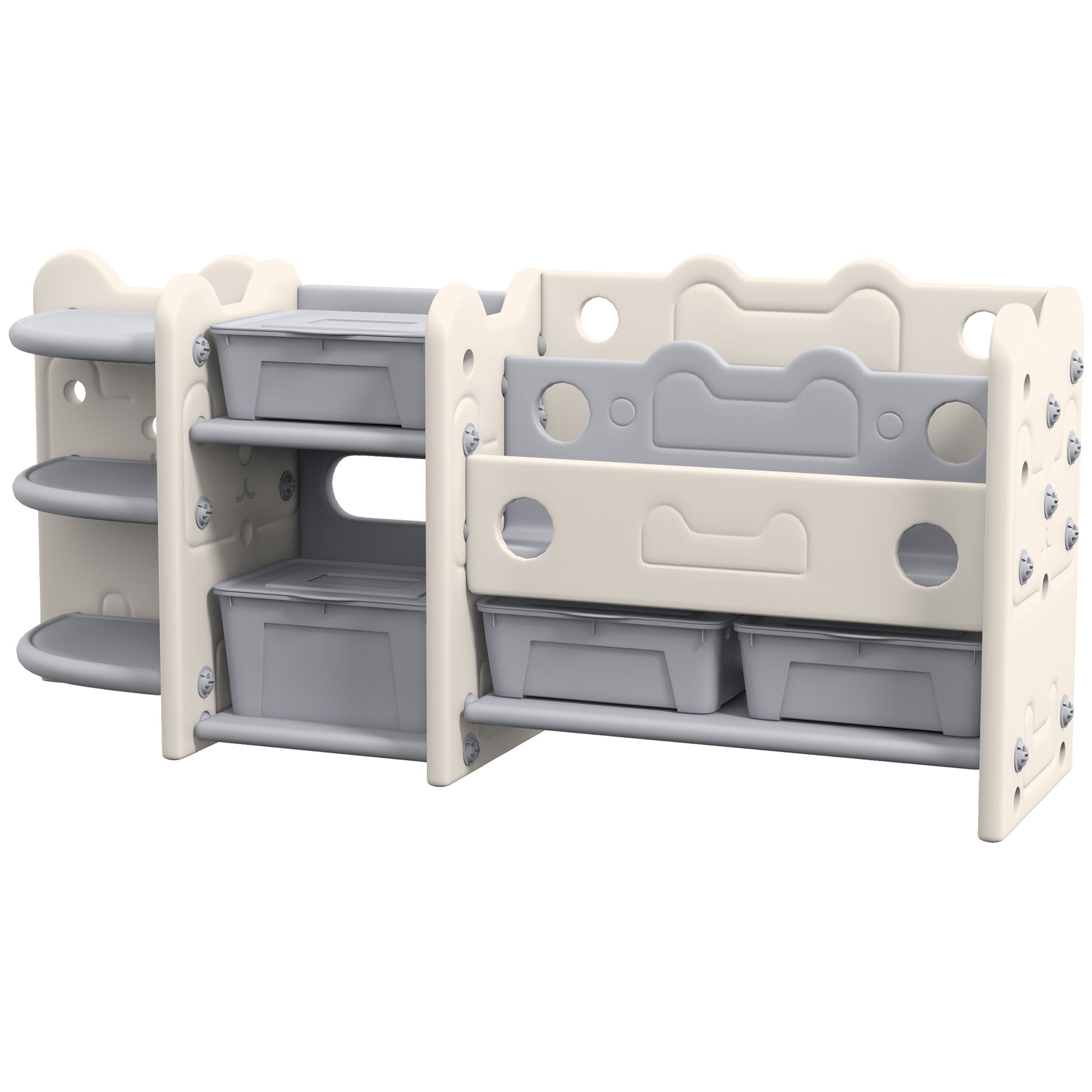 Qaba Toy Storage Organizer with 4 Storage Boxes, Bookshelves, Storage Racks, for Nursery, Kids Room, Playroom, Cream White