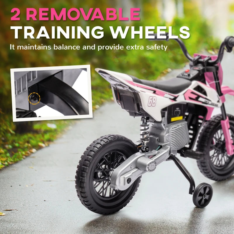 Qaba 12V Kids Dirt Bike, Electric Motorcycle with Twist Grip Throttle, Training Wheels, Rear Suspension & Music, Pink