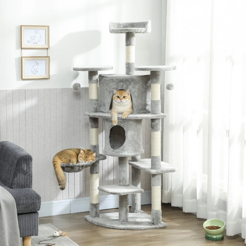 62" Cat Tree with Scratching Post, 2 Condos, Hammock, Perches, Plush, Pompoms, for Indoor Cats, Light Grey