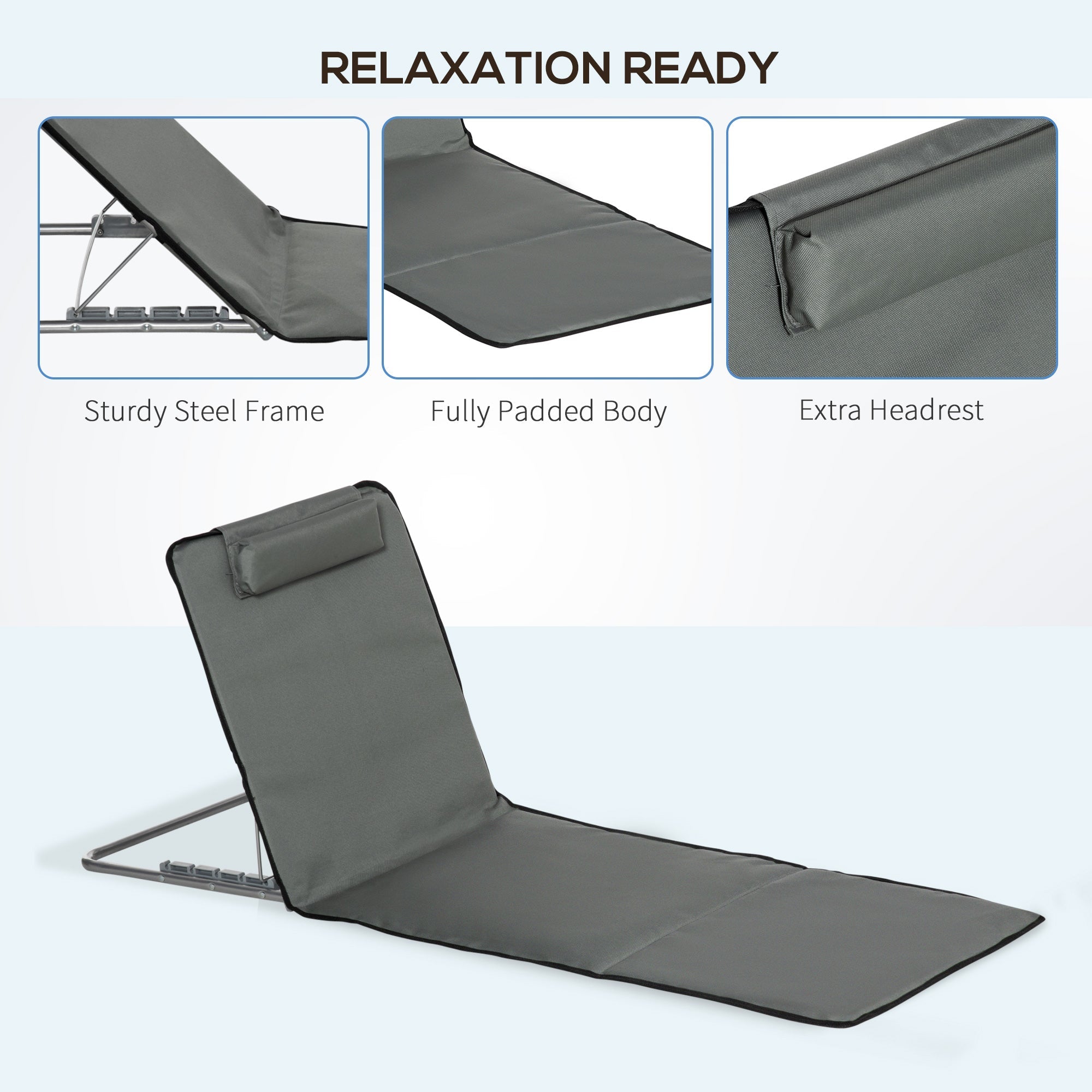 Outsunny Sun Lounger Beach Mat Set of 2 Folding Grey Adjustable Back Steel Frame Head Pillow Carry Bag
