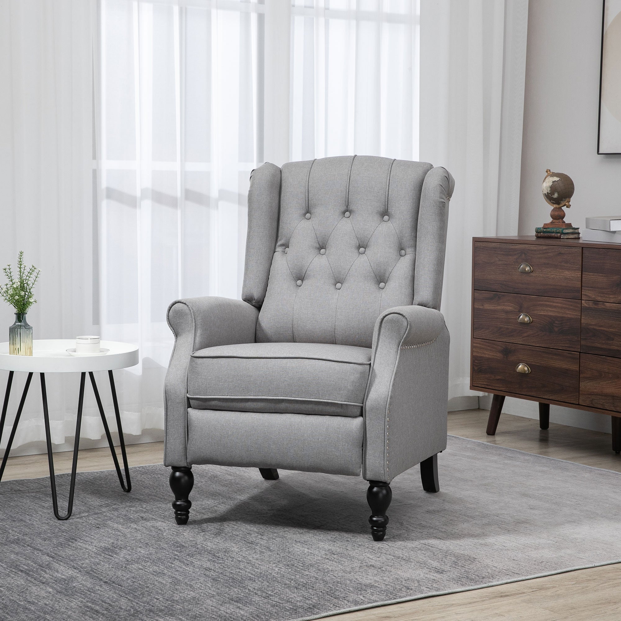 HOMCOM Luxury Manual Reclining Sofa Fabric Push Back Chair Button Tufted & Nail Head Trim Cozy Armrest Light Gray