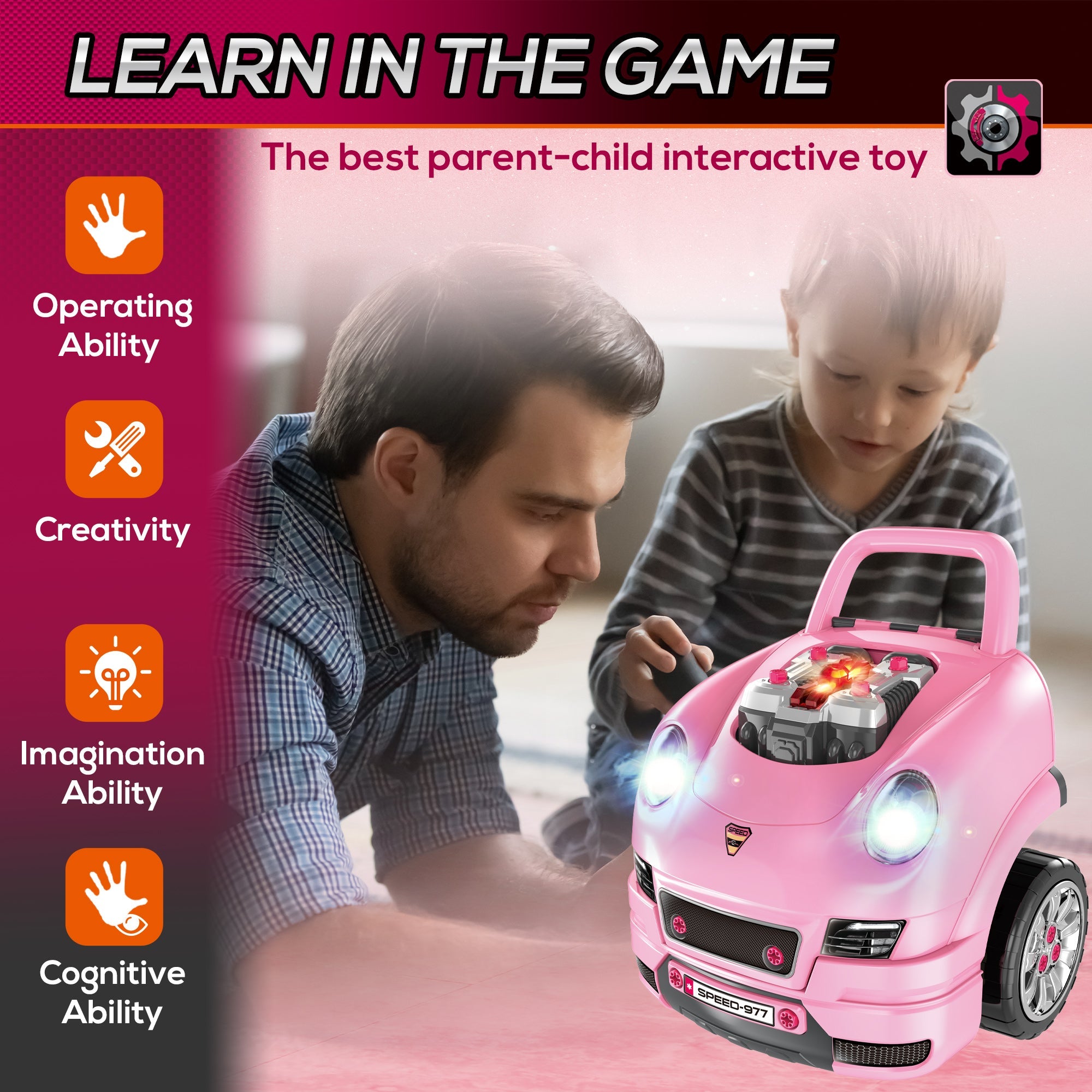 Qaba Kids Mechanic Truck Engine Repair Toy Set Car Service Pink Playset with Tools for Pretend Play