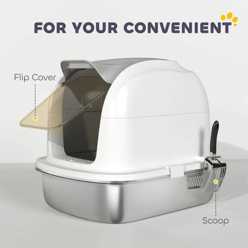 Large Stainless Steel Cat Litter Box with Lid, Enclosed Cat Litter Box with Flip Cover, Scoop