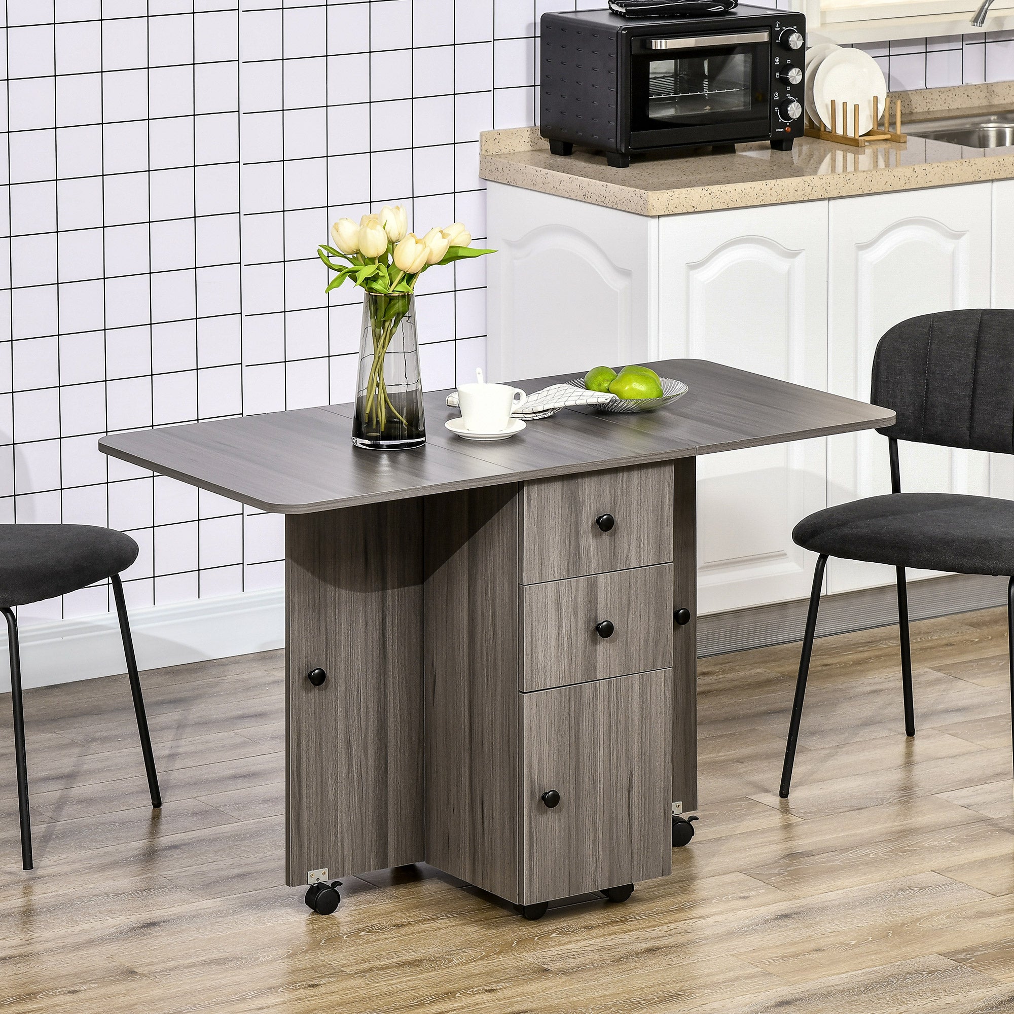 HOMCOM Foldable Rolling Kitchen Table with Storage Drawers Cabinet Drop Leaf Table on Wheels Grey