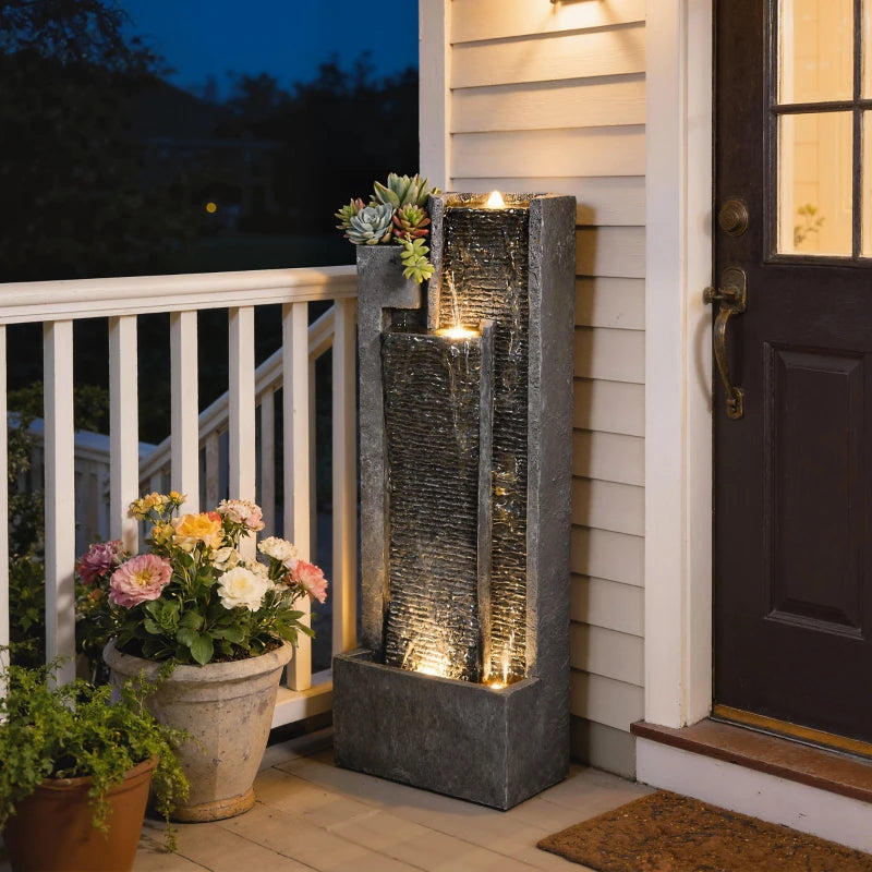 Outdoor Water Fountain with LED Lights and Planter, 3-Tier Modern Cascading Waterfall Feature with Pump, Dark Grey