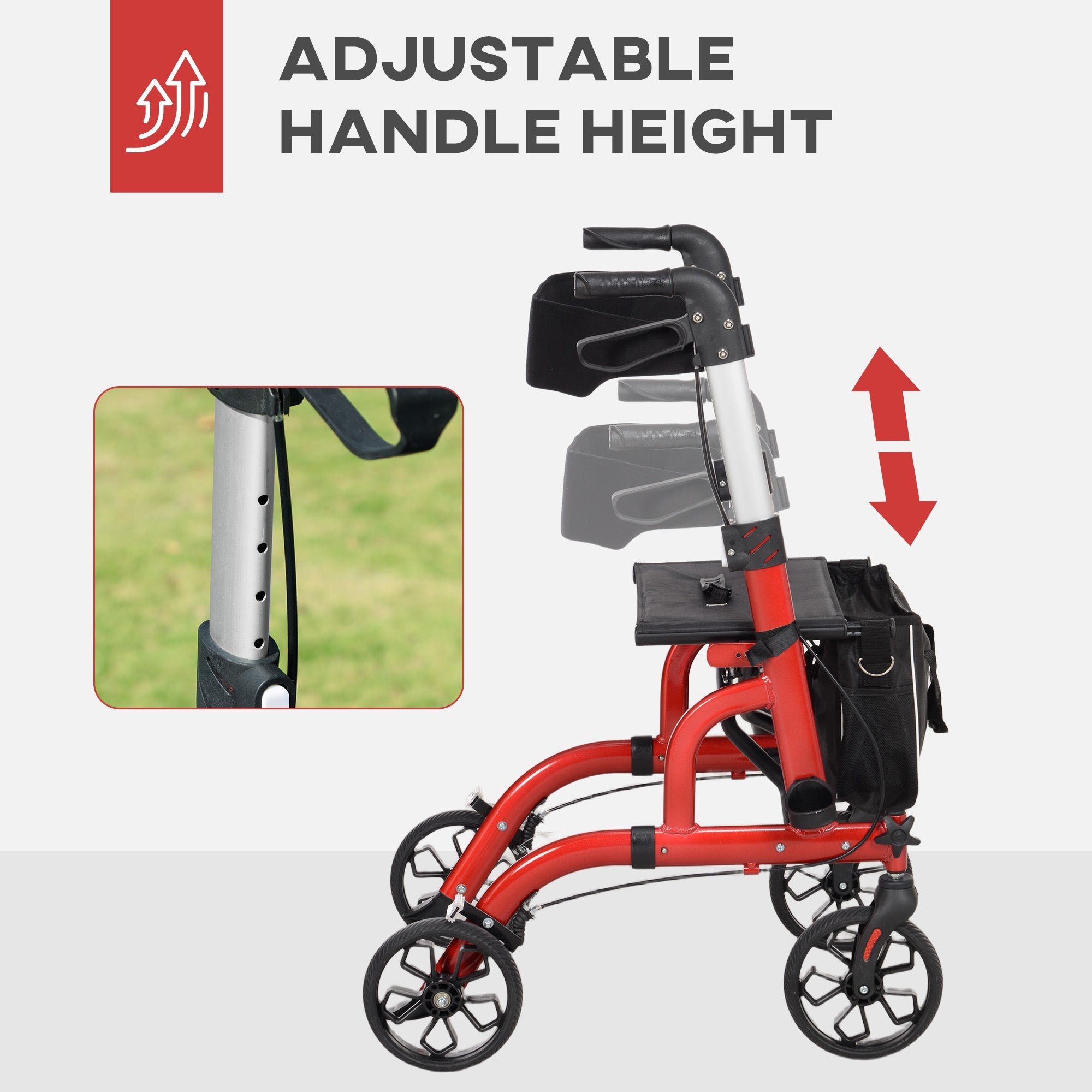 HOMCOM Rollator Walker for Seniors and Adults with 8'' Wheels, Padded Seat and Backrest, Storage Bag Red