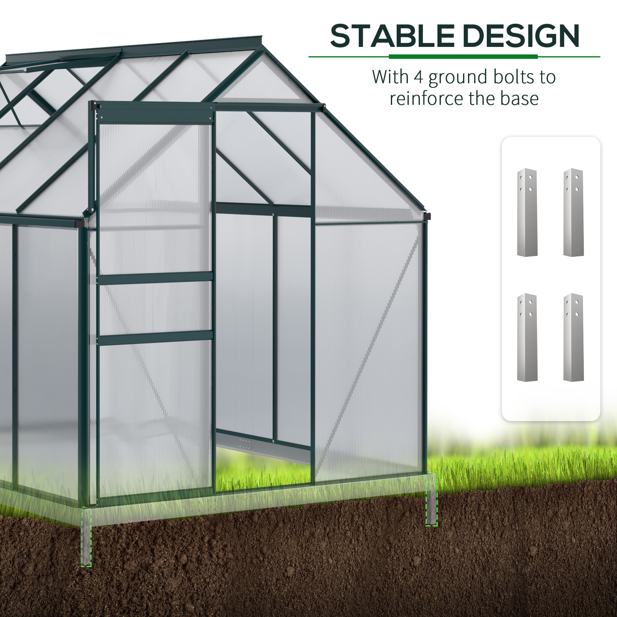 Outsunny 6' x 8' x 6.5' Polycarbonate Greenhouse, Walk-in Green House with Adjustable Roof Vent Galvanized Base Sliding Door Rain Gutter for Outdoor Garden Backyard, Green