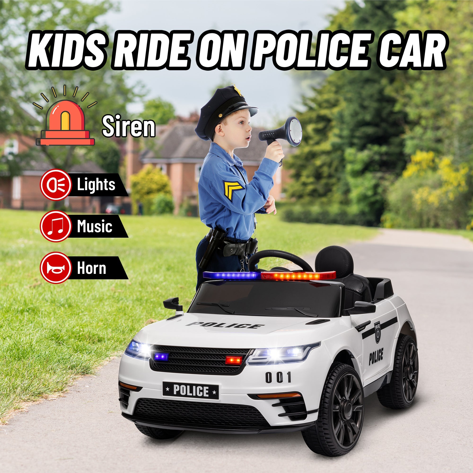 Qaba 12V Kids Electric Police Car w/ Remote Control, Spring Suspension, Training Wheel, Siren, Music, Light, Horn, White